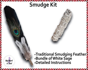 Smudge Kit: Black feather and Sage. Blue Accent. Cleansing Energy.