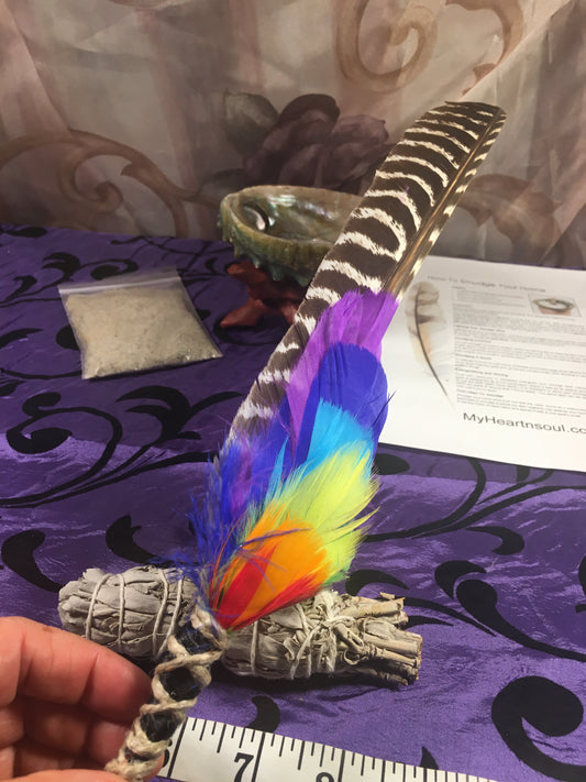Deluxe 7 CHAKRA Smudge Kit: Abalone Shell, Stand, Ocean Sand, Sage, Traditional Feather for cleansing energy