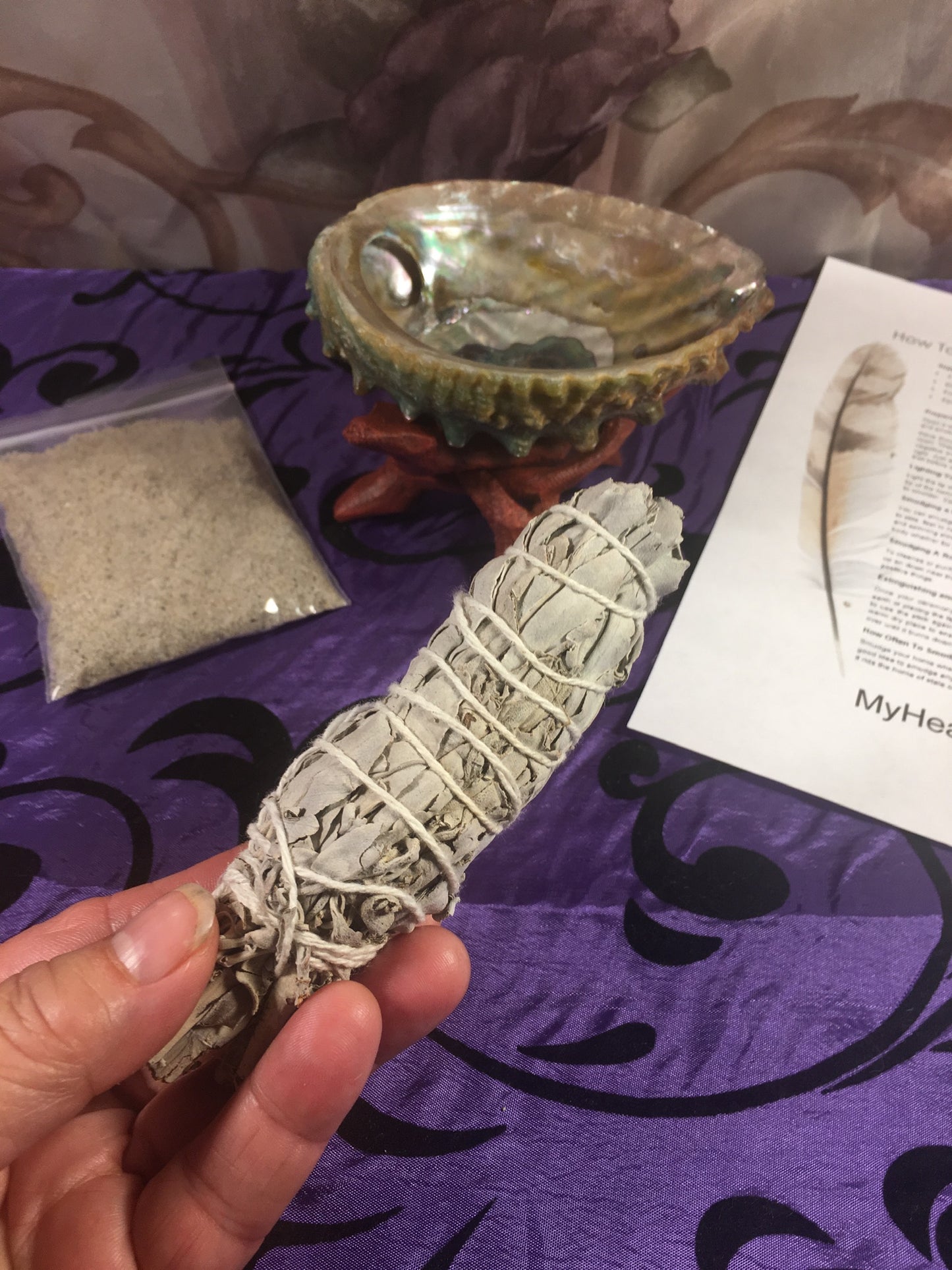 Deluxe Smudge Kit: Abalone Shell, Stand, Sage, Ocean Sand, Traditional Feather