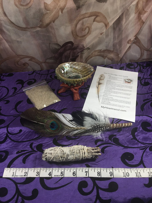 Deluxe Smudge Kit: Abalone Shell, Stand, Sage, Ocean Sand, Traditional Feather