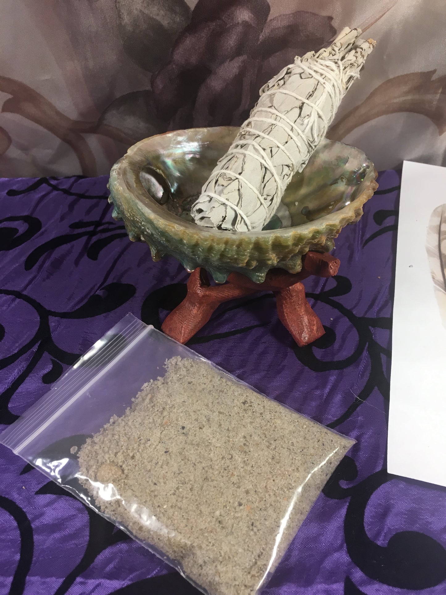 Deluxe Smudge Kit: Abalone Shell, Stand, Sage, Ocean Sand, Traditional Feather