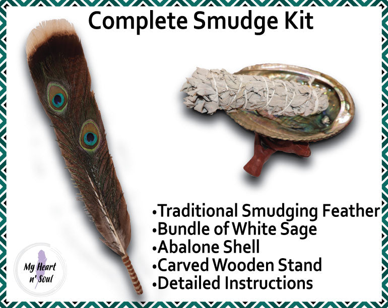 Complete Smudge Kit: Abalone Shell, Stand, Sage, Traditional Feather. Energy Cleansing.