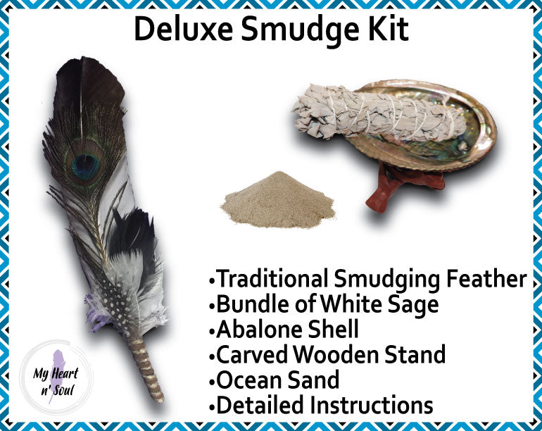 Deluxe Smudge Kit: Abalone Shell, Stand, Sage, Ocean Sand, Traditional Feather