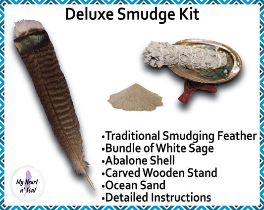 Deluxe Smudge Kit: Abalone Shell, Stand, Sage, Ocean Sand, Traditional Feather
