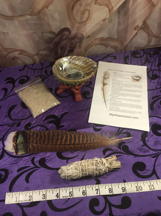 Deluxe Smudge Kit: Abalone Shell, Stand, Sage, Ocean Sand, Traditional Feather