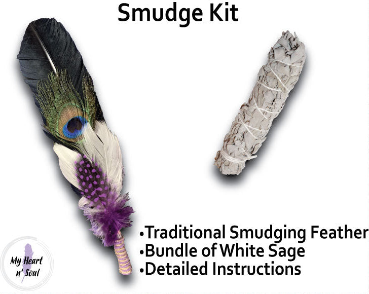 Smudge Kit: Black feather and Sage. Purple Accent. Cleansing Energy.