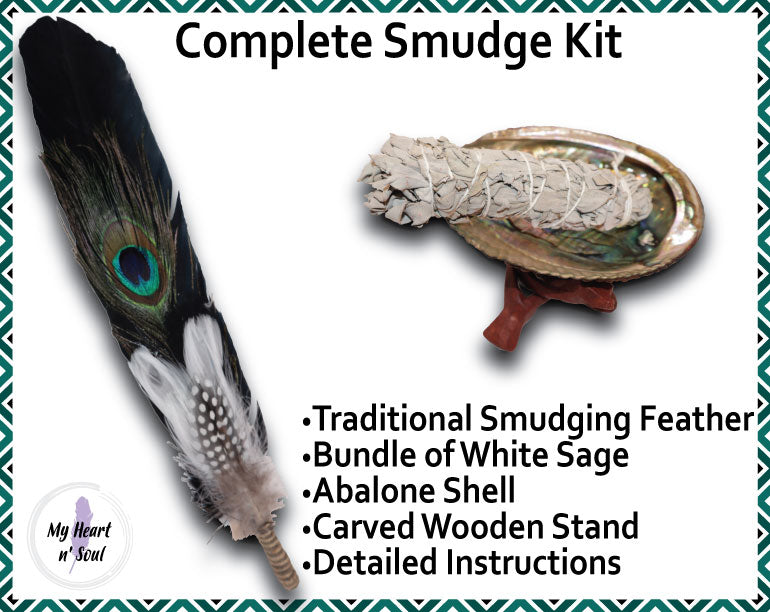 Complete Smudge Kit: Abalone Shell, Stand, Sage, Traditional Black Feather. Clear Bad Energy