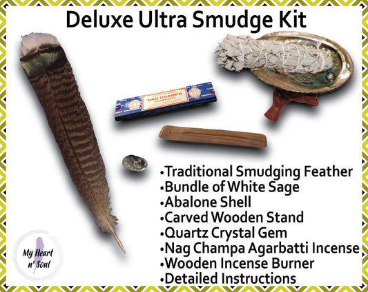 Deluxe Smudge Kit: Abalone Shell, Stand, Sage, Quartz Crystal Gem, Nag Champa Incense, Incense Burner, Traditional Feather