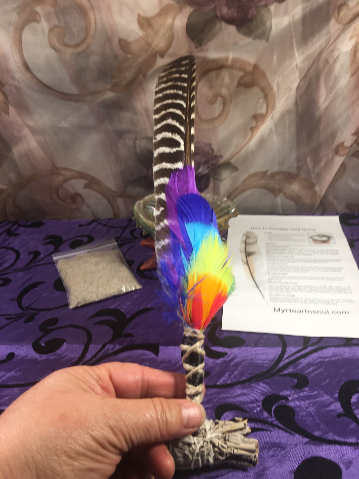 Deluxe 7 CHAKRA Smudge Kit: Abalone Shell, Stand, Ocean Sand, Sage, Traditional Feather for cleansing energy