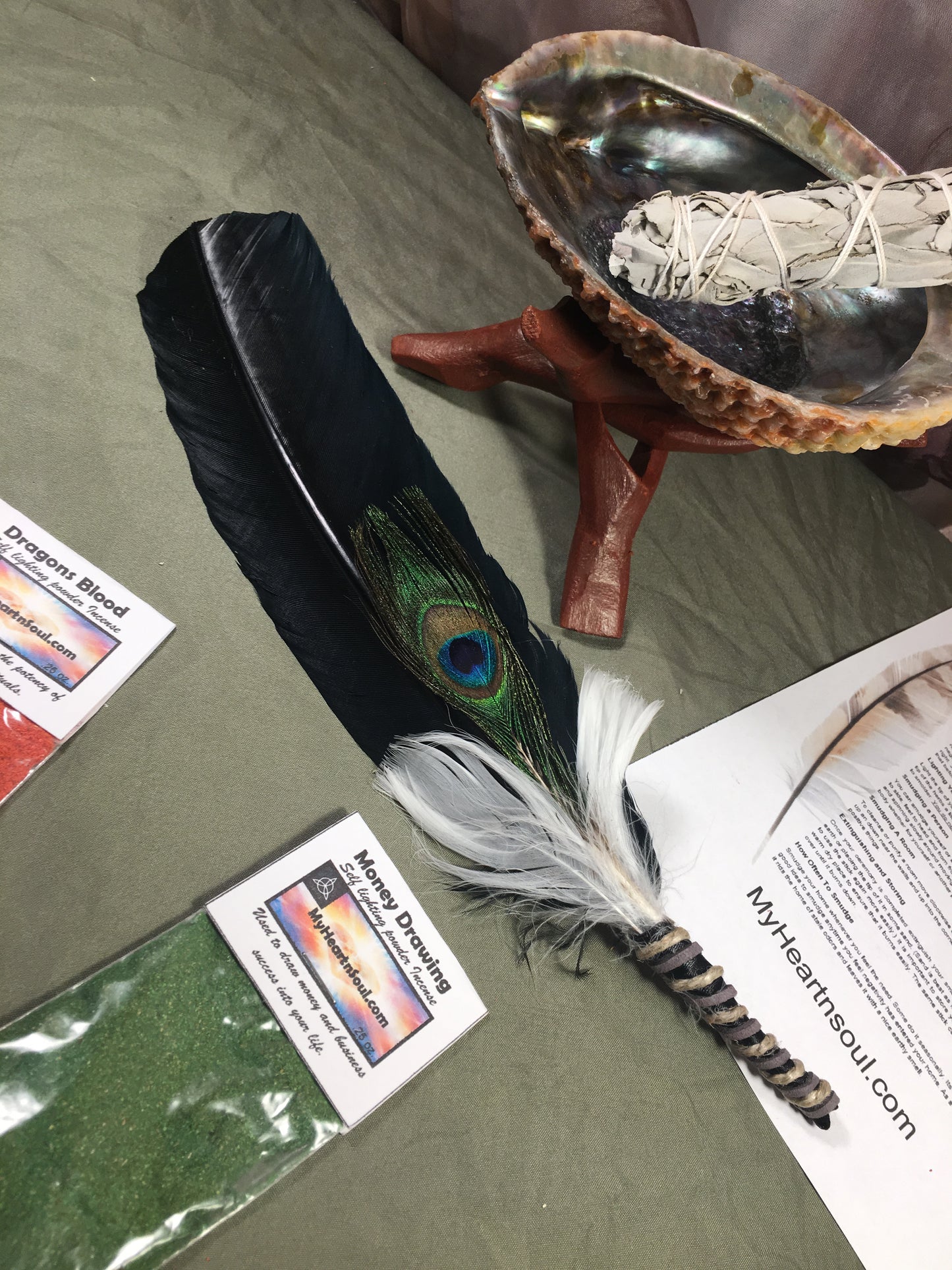 Complete Smudge Kit: Abalone Shell, Stand, Sage, Traditional Feather, Dragon’s Blood and Money Incense Ritual