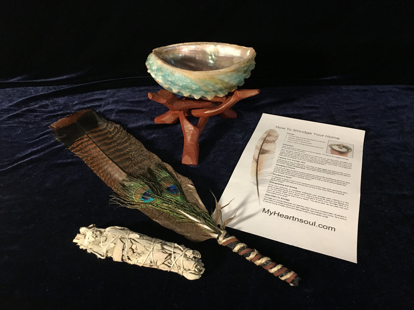 Complete Smudge Kit: Abalone Shell, Stand, Sage, Traditional Feather. Energy Cleansing.
