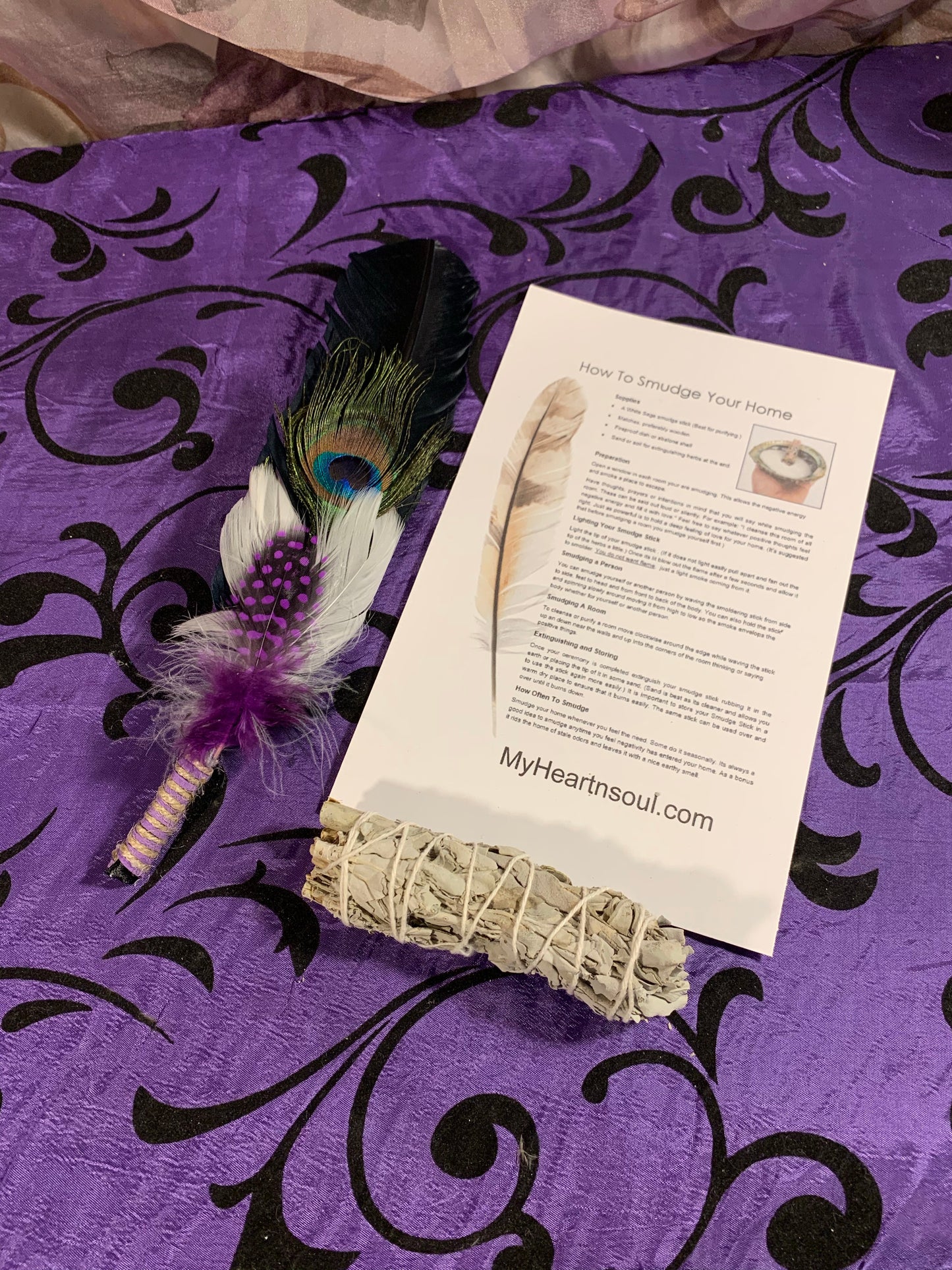 Smudge Kit: Black feather and Sage. Purple Accent. Cleansing Energy.