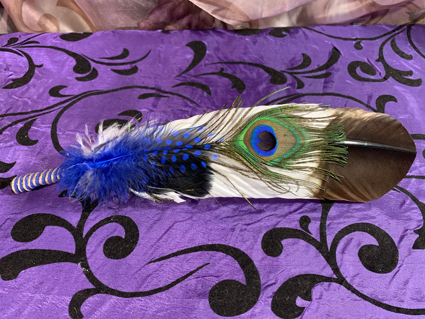 Smudge Kit: White/Brown tip Feather. Energy, Home, Cleansing Clearing kit. Blue Accent.