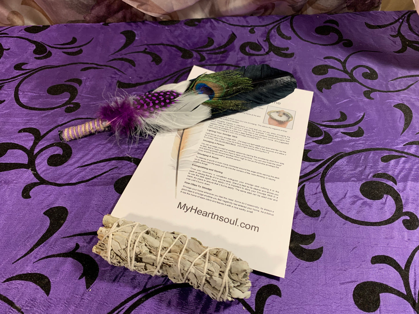 Smudge Kit: Black feather and Sage. Purple Accent. Cleansing Energy.