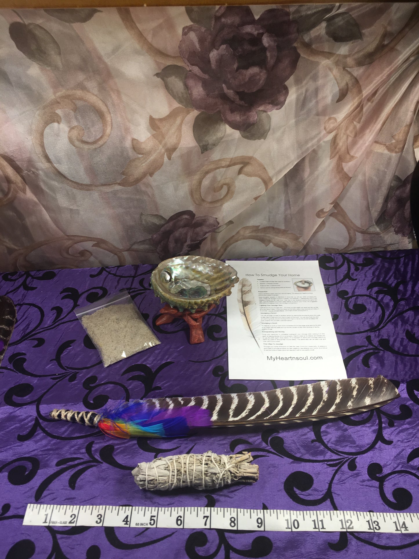 Deluxe 7 CHAKRA Smudge Kit: Abalone Shell, Stand, Ocean Sand, Sage, Traditional Feather for cleansing energy