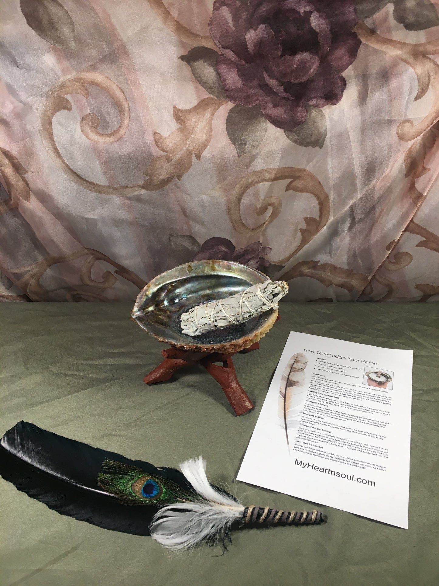 Complete Smudge Kit: Abalone Shell, Stand, Sage, Traditional Black Feather. Clear Bad Energy