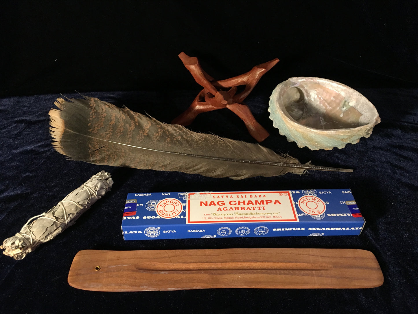 Deluxe Smudge Kit: Abalone Shell, Stand, Sage, Quartz Crystal Gem, Nag Champa Incense, Incense Burner, Traditional Feather
