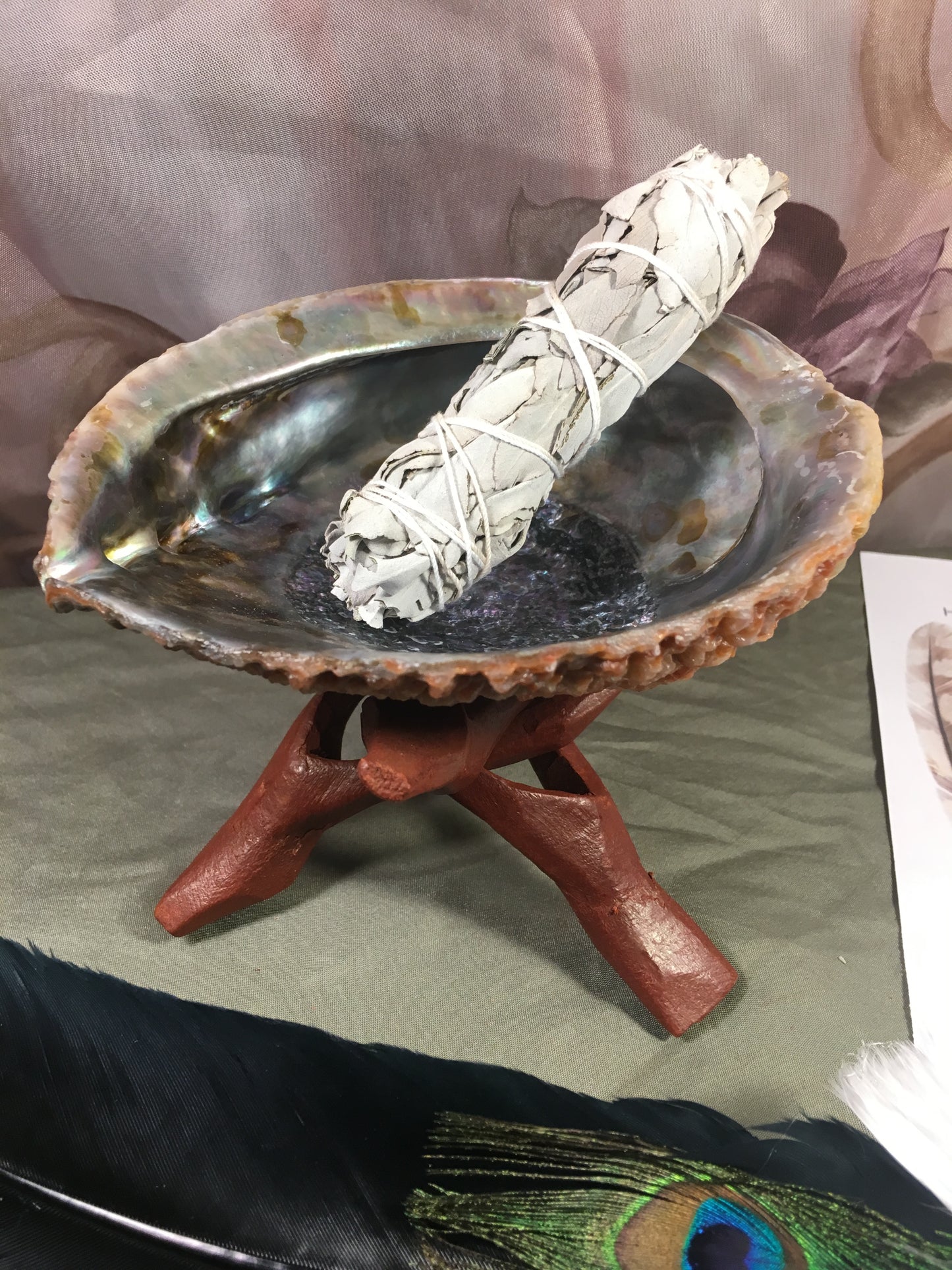 Complete Smudge Kit: Abalone Shell, Stand, Sage, Traditional Feather, Dragon’s Blood and Money Incense Ritual