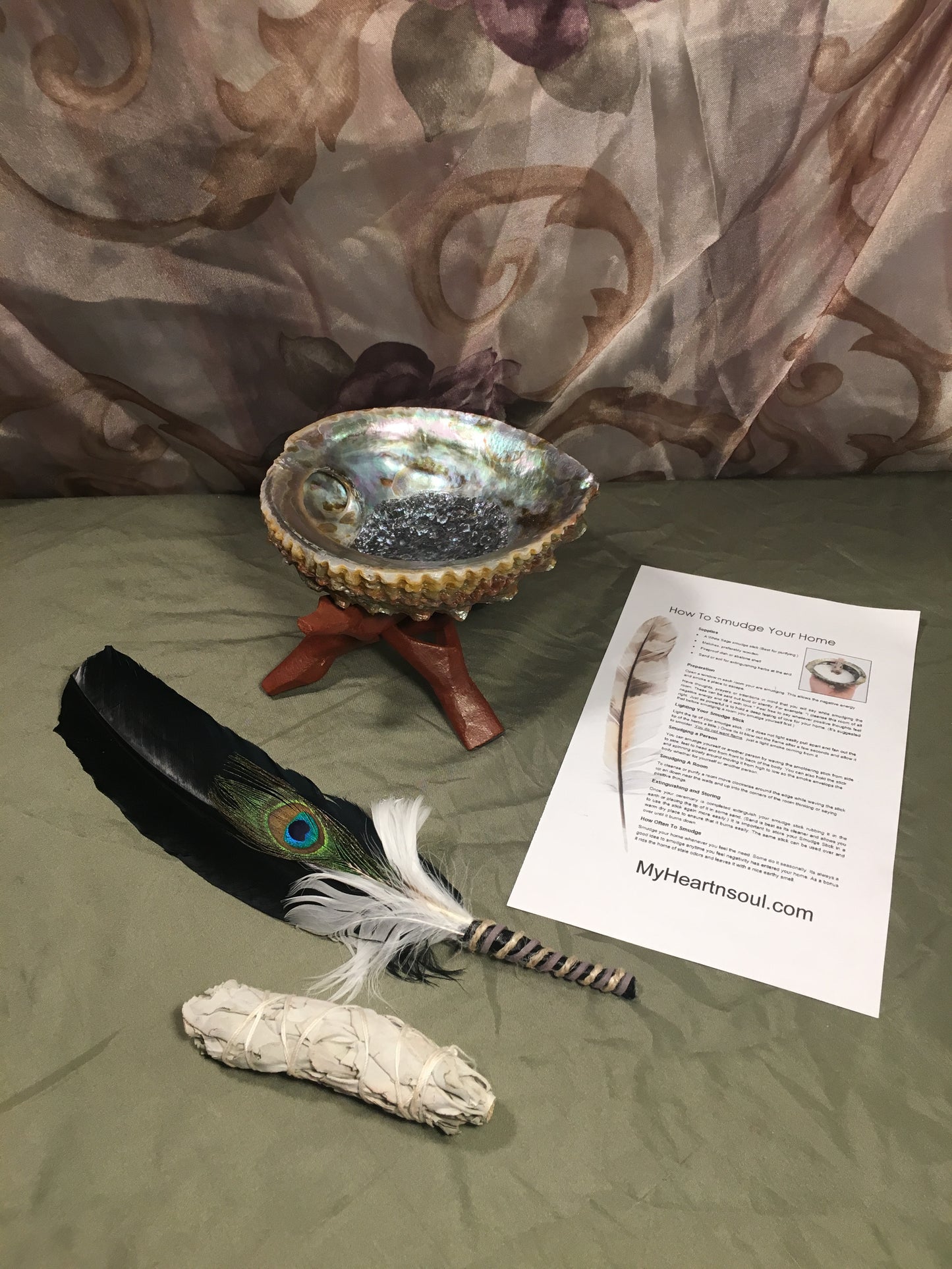 Complete Smudge Kit: Abalone Shell, Stand, Sage, Traditional Black Feather. Clear Bad Energy