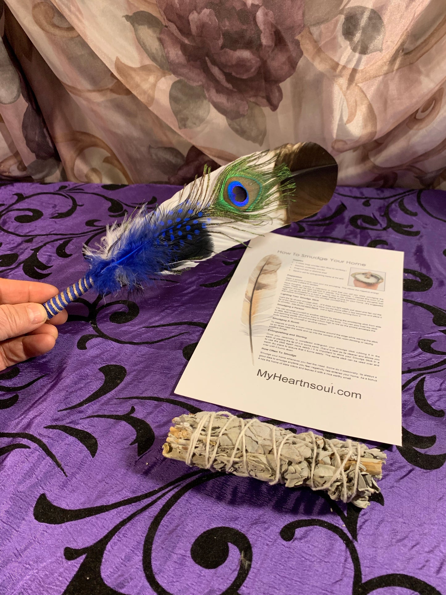 Smudge Kit: White/Brown tip Feather. Energy, Home, Cleansing Clearing kit. Blue Accent.