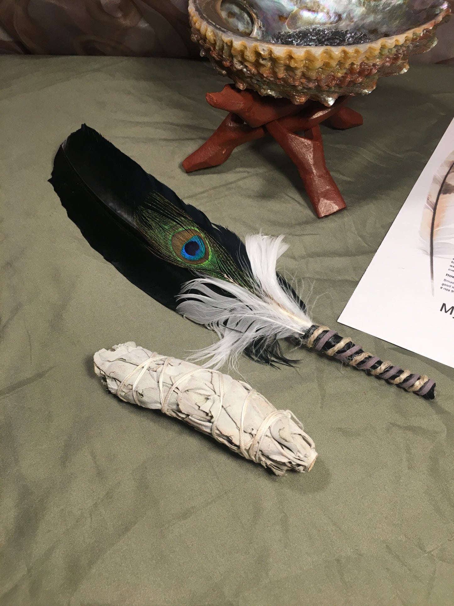 Complete Smudge Kit: Abalone Shell, Stand, Sage, Traditional Black Feather. Clear Bad Energy