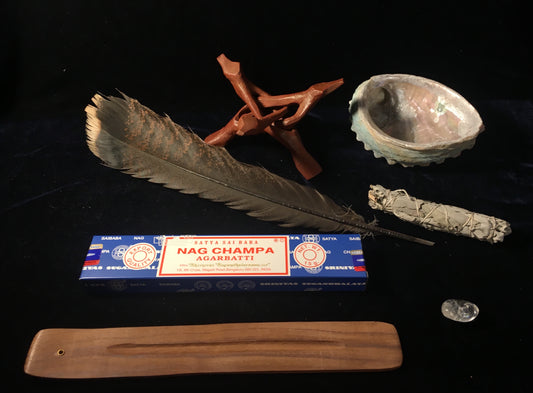 Deluxe Smudge Kit: Abalone Shell, Stand, Sage, Quartz Crystal Gem, Nag Champa Incense, Incense Burner, Traditional Feather