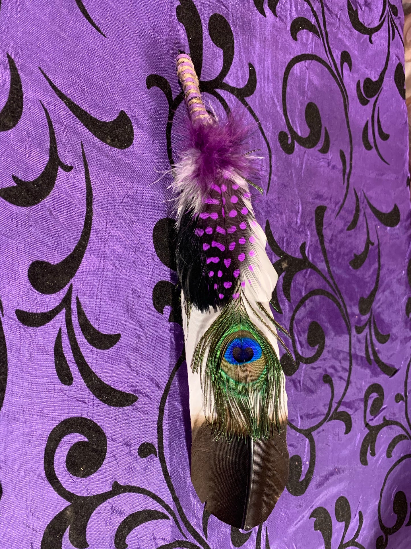 Smudge Kit: White/Brown tip Feather. Energy, Home, Cleansing Clearing kit. Purple Accent.