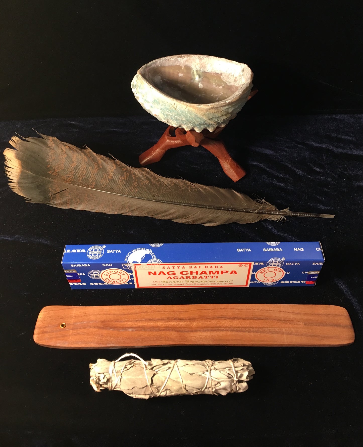 Deluxe Smudge Kit: Abalone Shell, Stand, Sage, Quartz Crystal Gem, Nag Champa Incense, Incense Burner, Traditional Feather