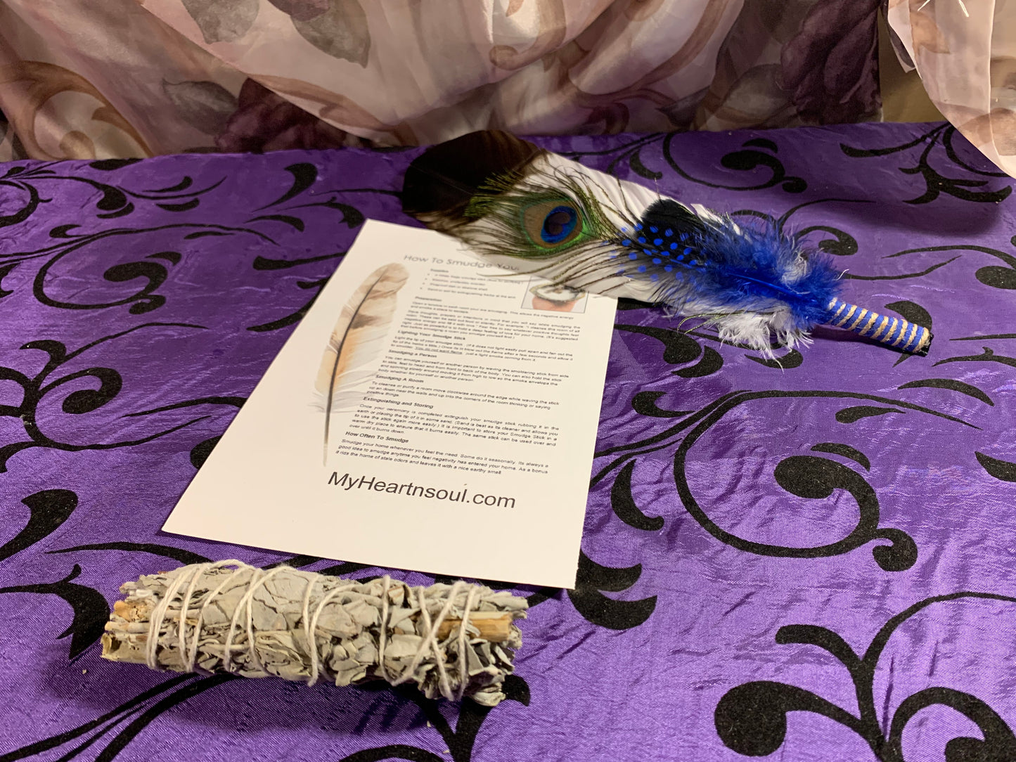 Smudge Kit: White/Brown tip Feather. Energy, Home, Cleansing Clearing kit. Blue Accent.
