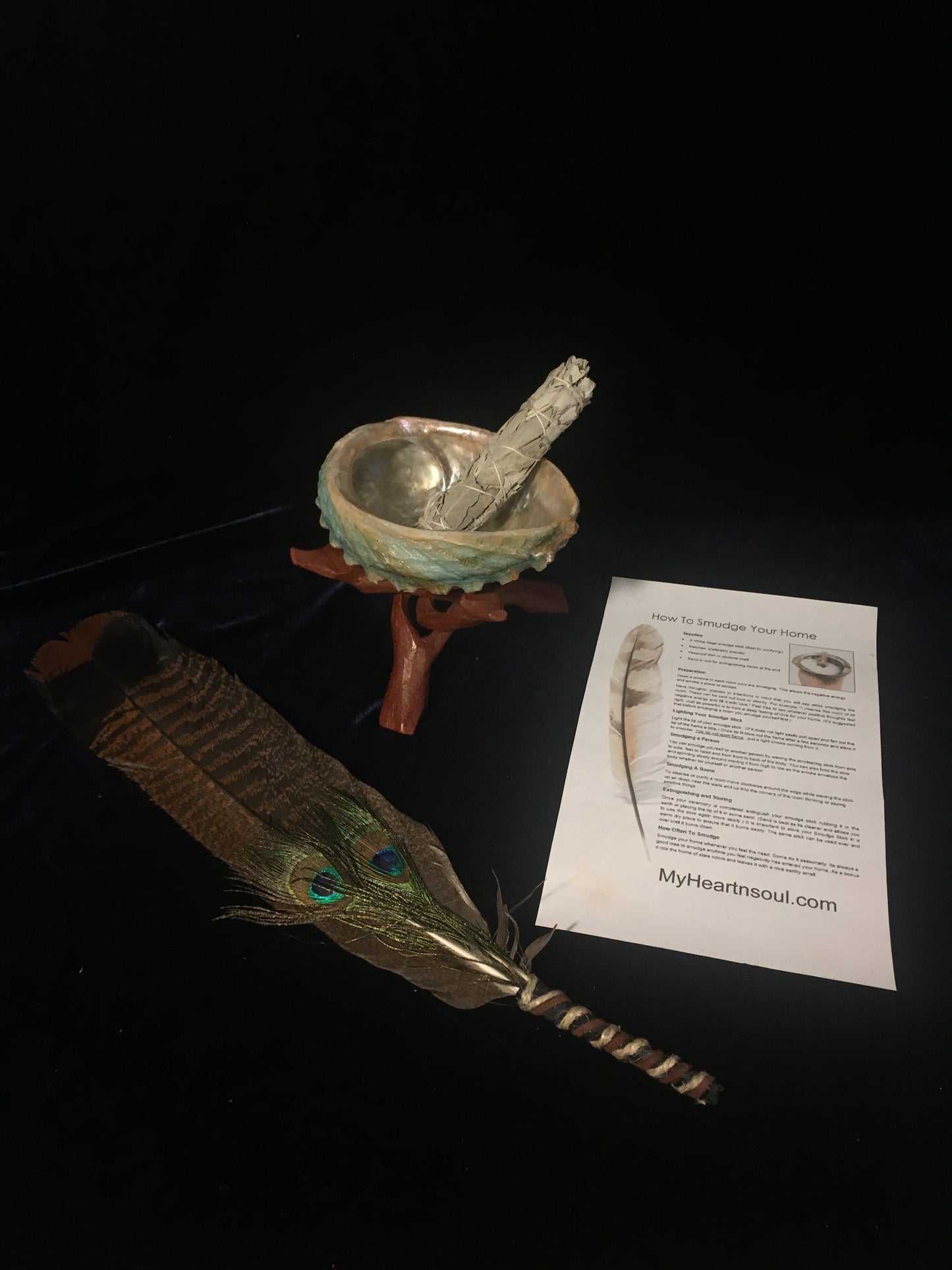 Complete Smudge Kit: Abalone Shell, Stand, Sage, Traditional Feather. Energy Cleansing.