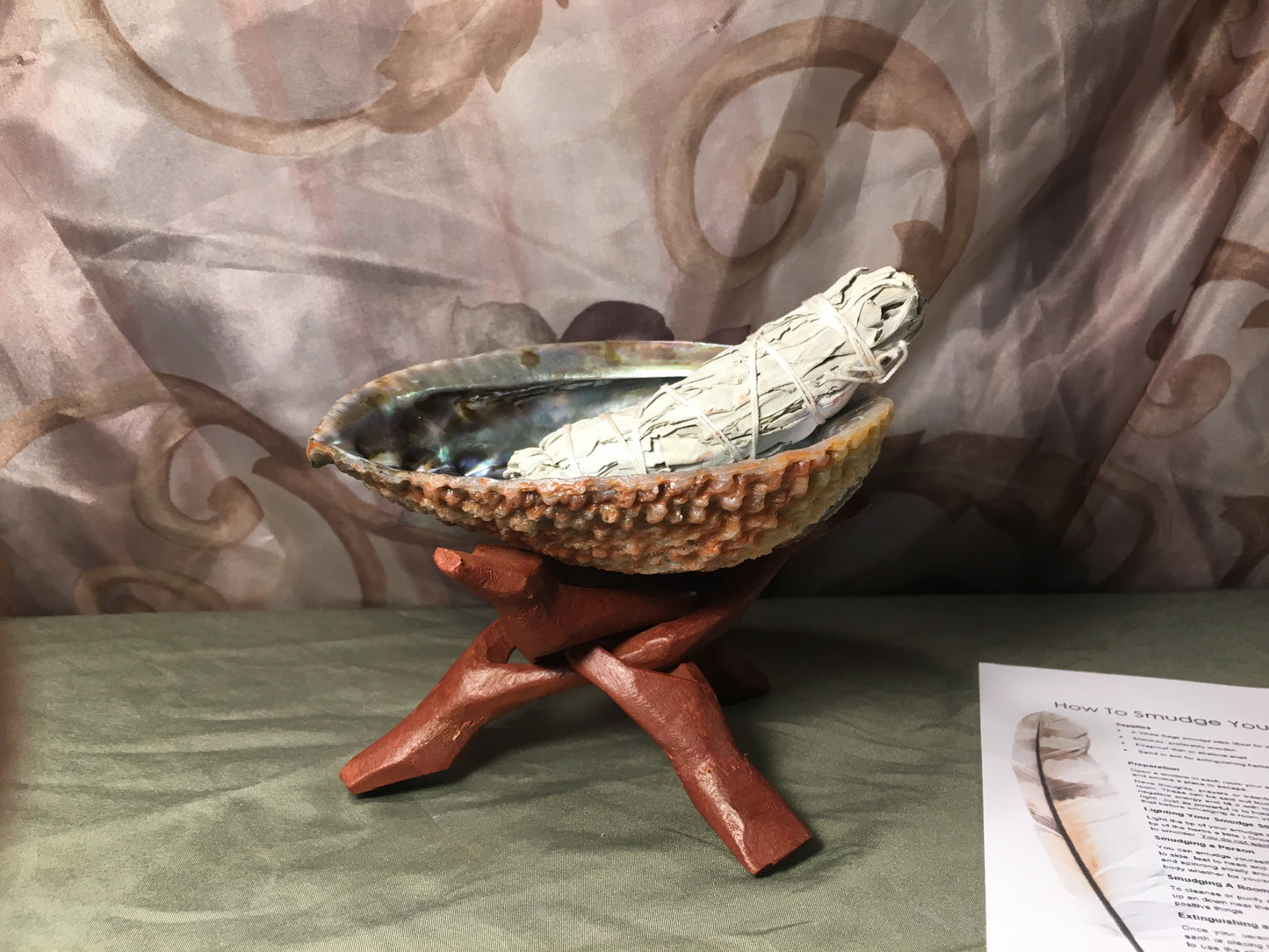 Complete Smudge Kit: Abalone Shell, Stand, Sage, Traditional Black Feather. Clear Bad Energy