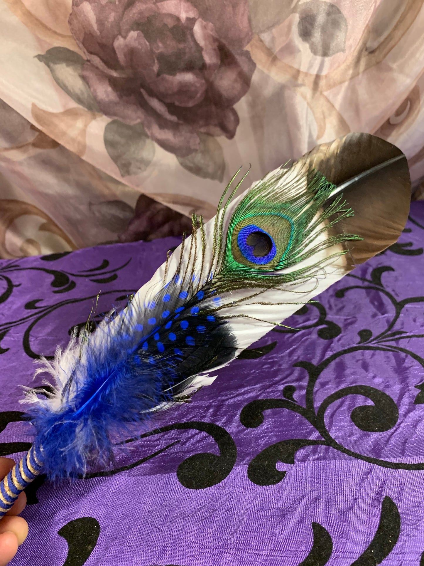 Smudge Kit: White/Brown tip Feather. Energy, Home, Cleansing Clearing kit. Blue Accent.