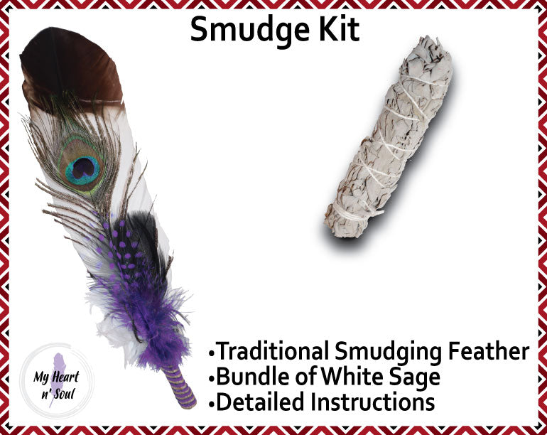 Smudge Kit: White/Brown tip Feather. Energy, Home, Cleansing Clearing kit. Purple Accent.