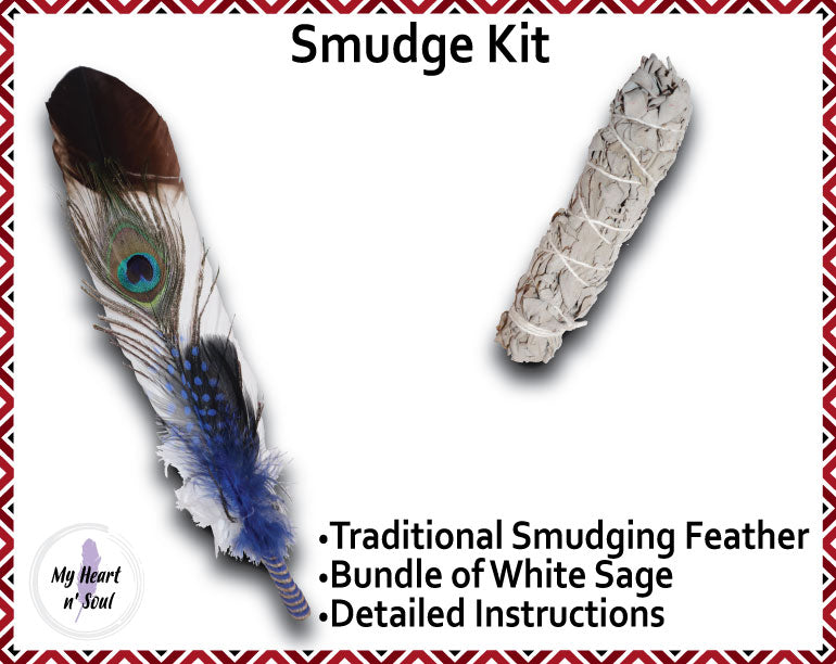 Smudge Kit: White/Brown tip Feather. Energy, Home, Cleansing Clearing kit. Blue Accent.